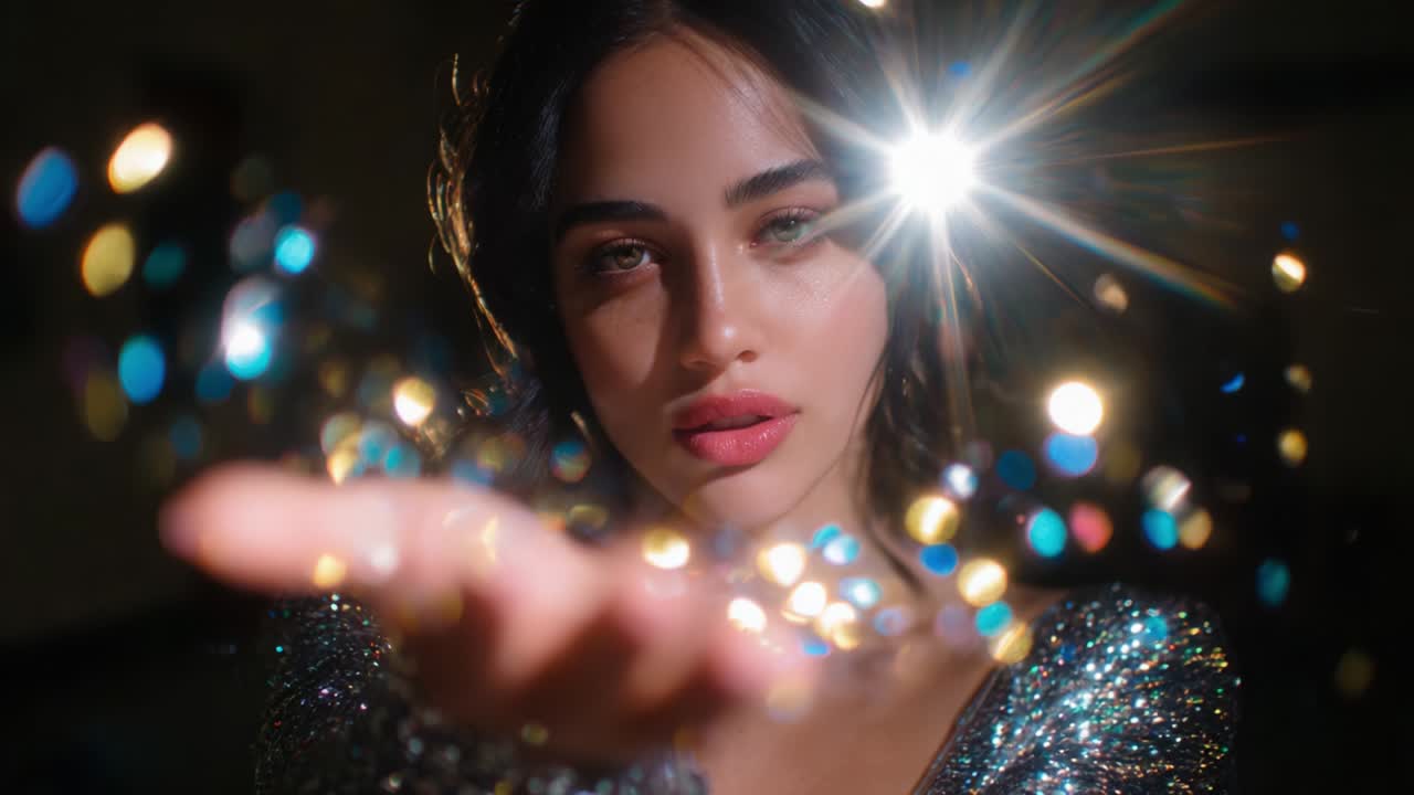 A captivating portrait of a woman with a stunning sparkly outfit, extending her hand forward while sparkling lights burst around her, creating an enchanting and mystical atmosphere that draws the viewer in
