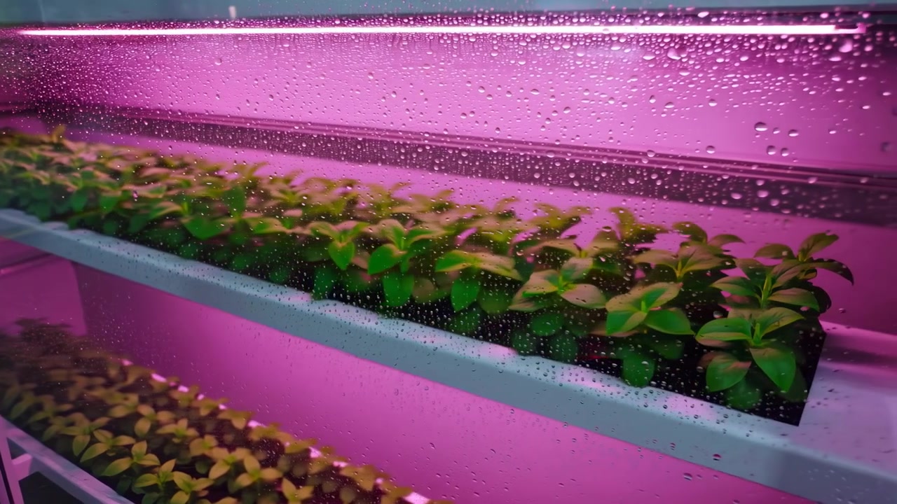Pflanzen in Growboxen in einem Indoor-Anbauraum, beleuchtet von pinker LED-Beleuchtung, die eine neutrale und saubere Umgebung für Gartenbau und Pflanzenzucht schafft. Die Seitenansicht hebt den organisierten Anbau hervor.
