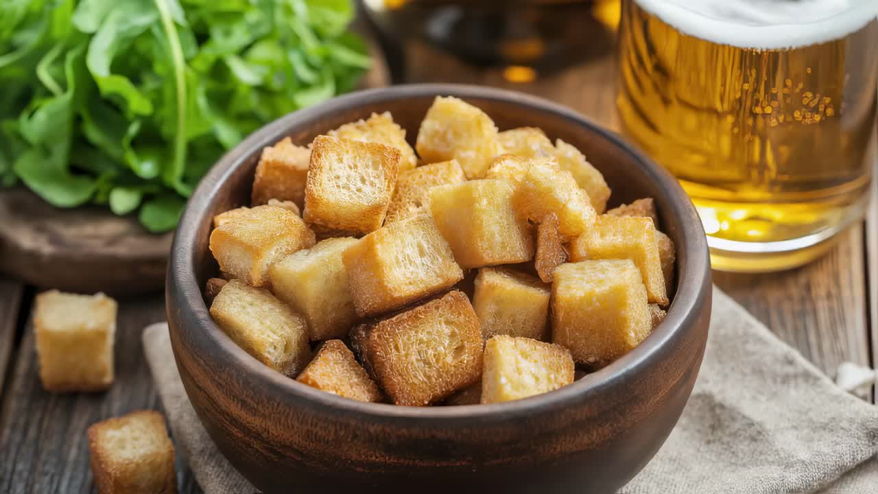 Wooden table showcasing fresh arugula salad with golden crispy croutons beside frothy beer glass, capturing rustic gourmet dining experience