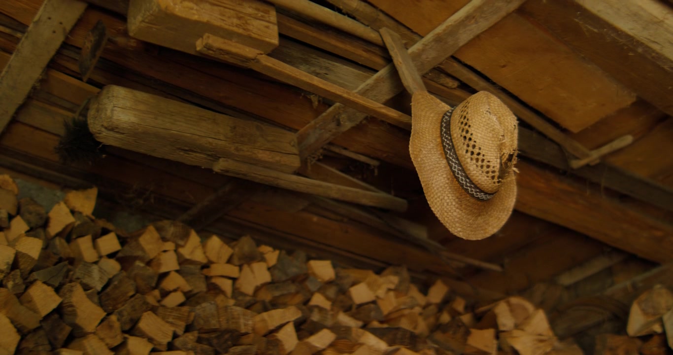 La telecamera si inclina verso l'alto da un'ampia catasta di legna da ardere spaccata per rivelare un cappello di paglia logoro appeso a una trave di legno del tetto. Una luce calda e naturale enfatizza le trame del legno e della paglia.
