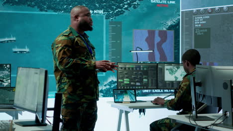 military personnel operate advanced systems in a command center