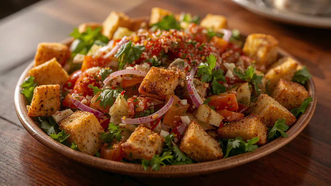 Panorerende kamera afslører anrettet salat på træbord, der viser anretningsdetaljer og croutonterninger