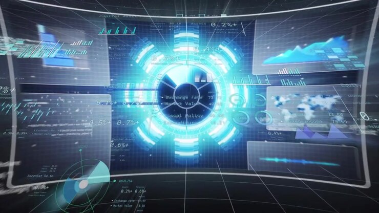 3D dashboard forming as cyan ring appearing and pulsing, bar charts merging for tech analytics