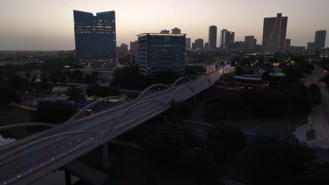 Aerial-establishing-shot-of-Fort-Worth-skyline-at-dawn