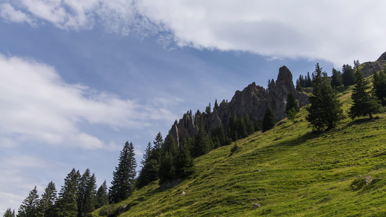 Time-lapse recording of clouds in a rock in the Allgäu Alps in Bavaria, Germany. The clouds pass quickly in front of the blue sky with a slight push-in of the camera.