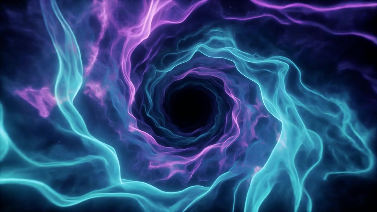 Tunnel astratto di energia cosmica vorticosa viola e blu
