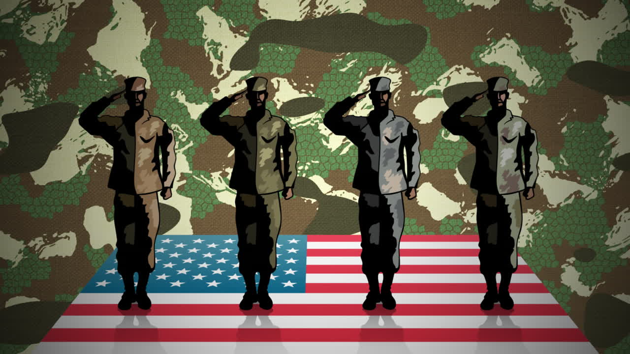 네 명의 병사 들 이 위장 배경 에 미국  ⁇ 발 을  ⁇ 상 하고 있다