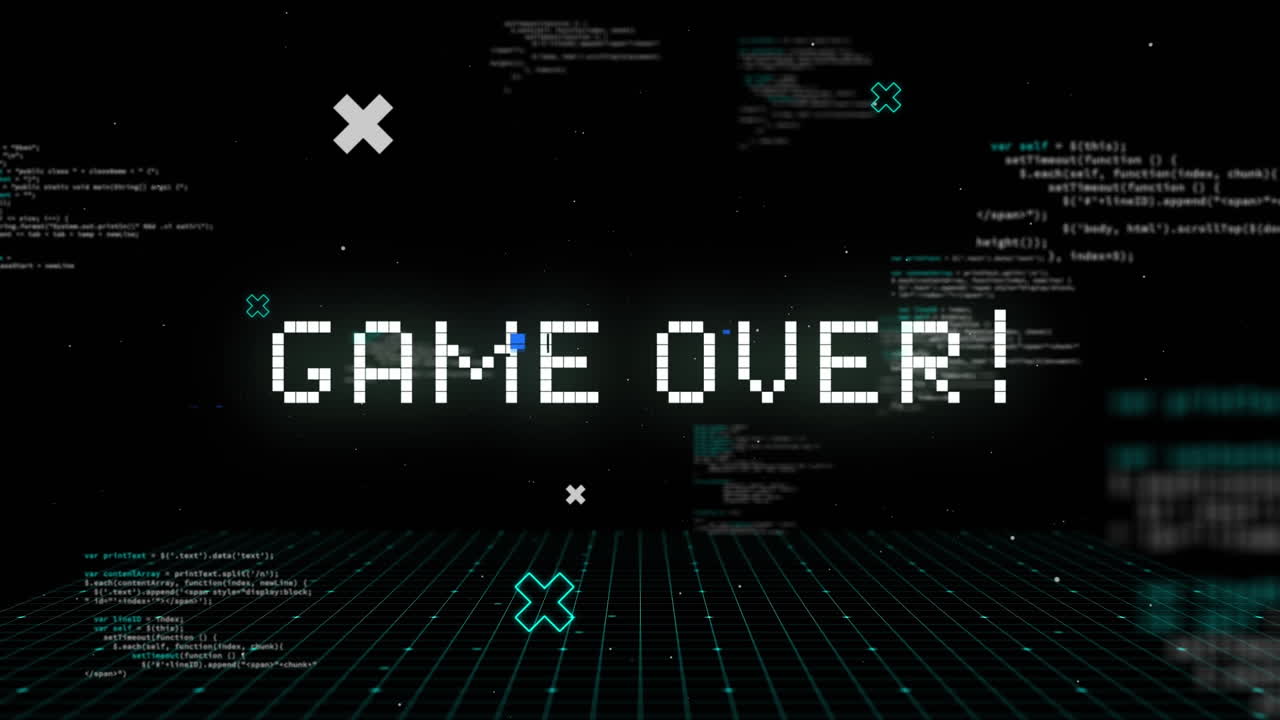 Game over written in white distorting on black background with text and white grid