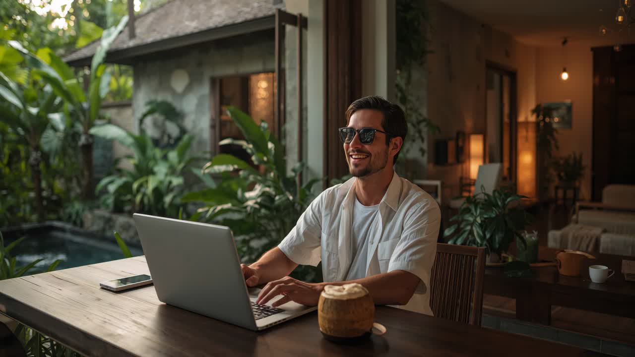 Man working on laptop in a tropical outdoor setting