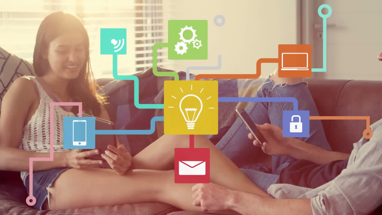 iconos digitales que forman una red contra la pareja usando teléfonos inteligentes y tabletas digitales