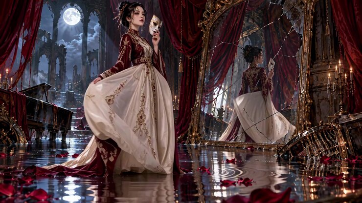 Donna elegante in abito vittoriano che tiene una maschera in una sala da ballo gotica