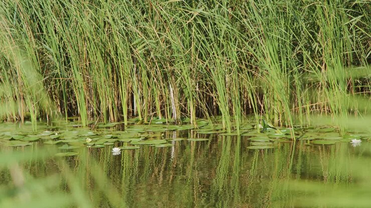 Camera pans across dense reeds, water lilies, and cattails in bright, natural wetland daylight