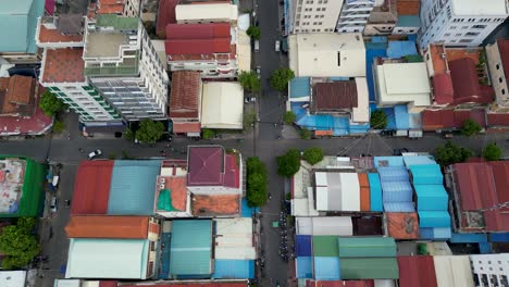 phnom penh asian city in cambodia intersection, aerial top-down road infrastructure