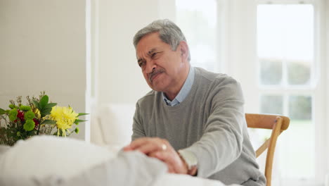 senior man, hand holding and wife in bed