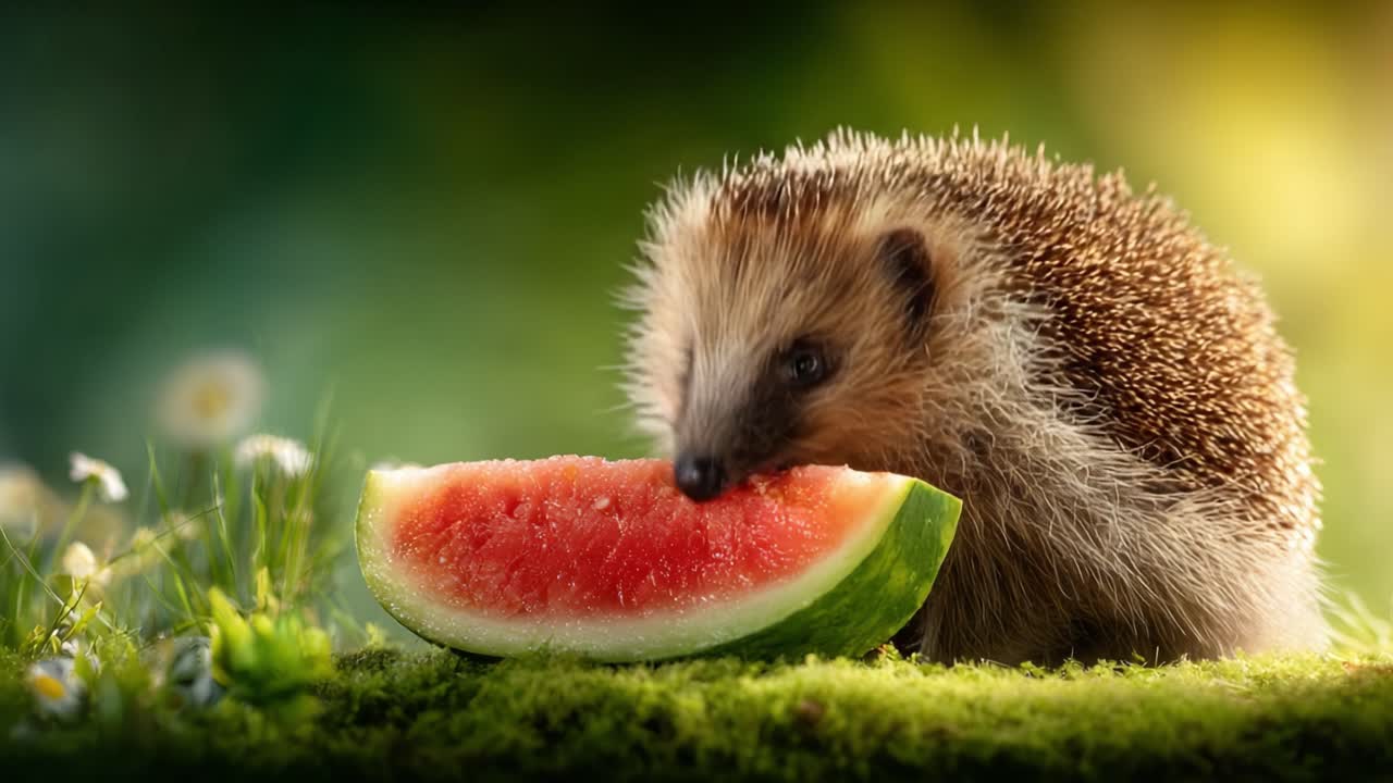 A Playful Hedgehog Enjoying a Juicy Watermelon Slice in a Lush Green Landscape: A Charming Moment of Nature's Delicacies