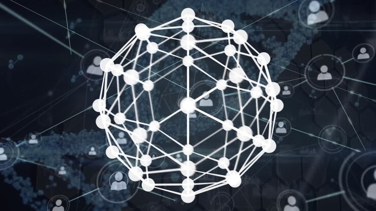 Animation of network of connections with globe and dna strand spinning on dark background
