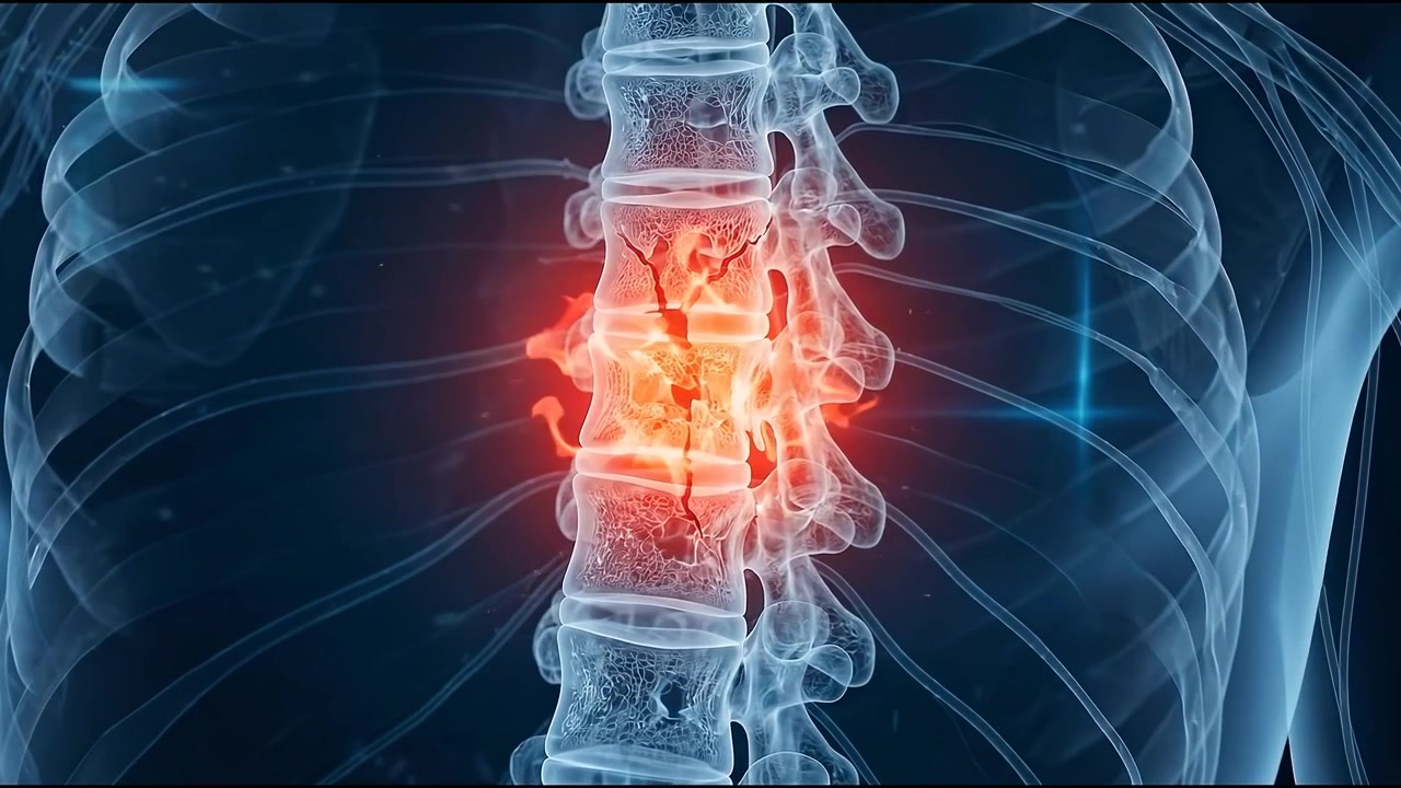 Animazione medica di frattura vertebrale con visualizzazione del dolore.