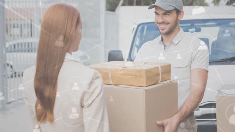 warehouse composition of delivery man combined with animation of connected people