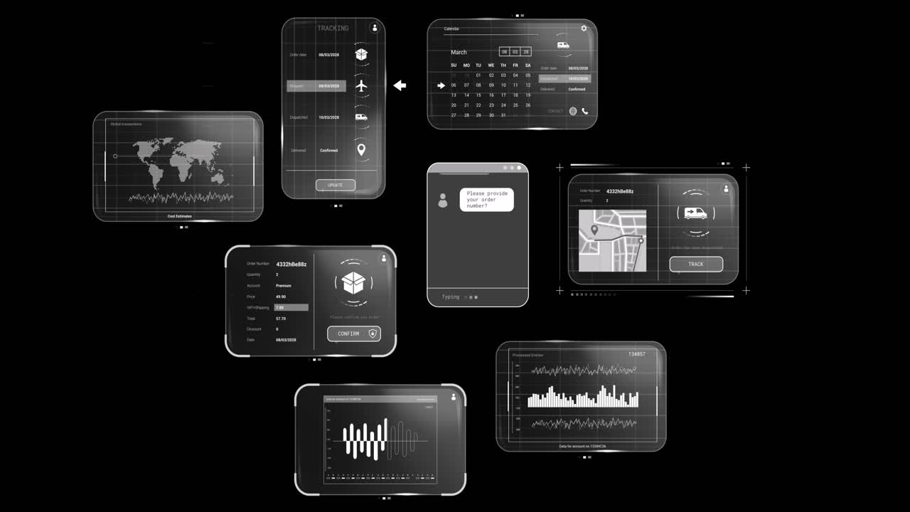 animación del procesamiento de datos en pantallas sobre fondo negro