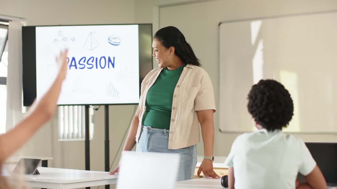 African woman teacher standing at PASSION TV responding to student raising hand pointing to tablet