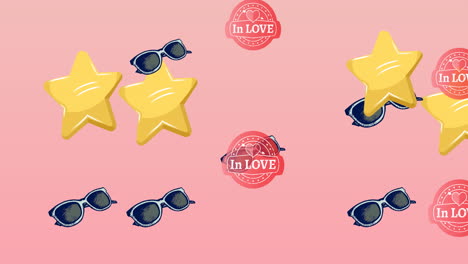 animation of in love text sunglasses and stars repeated on pink background