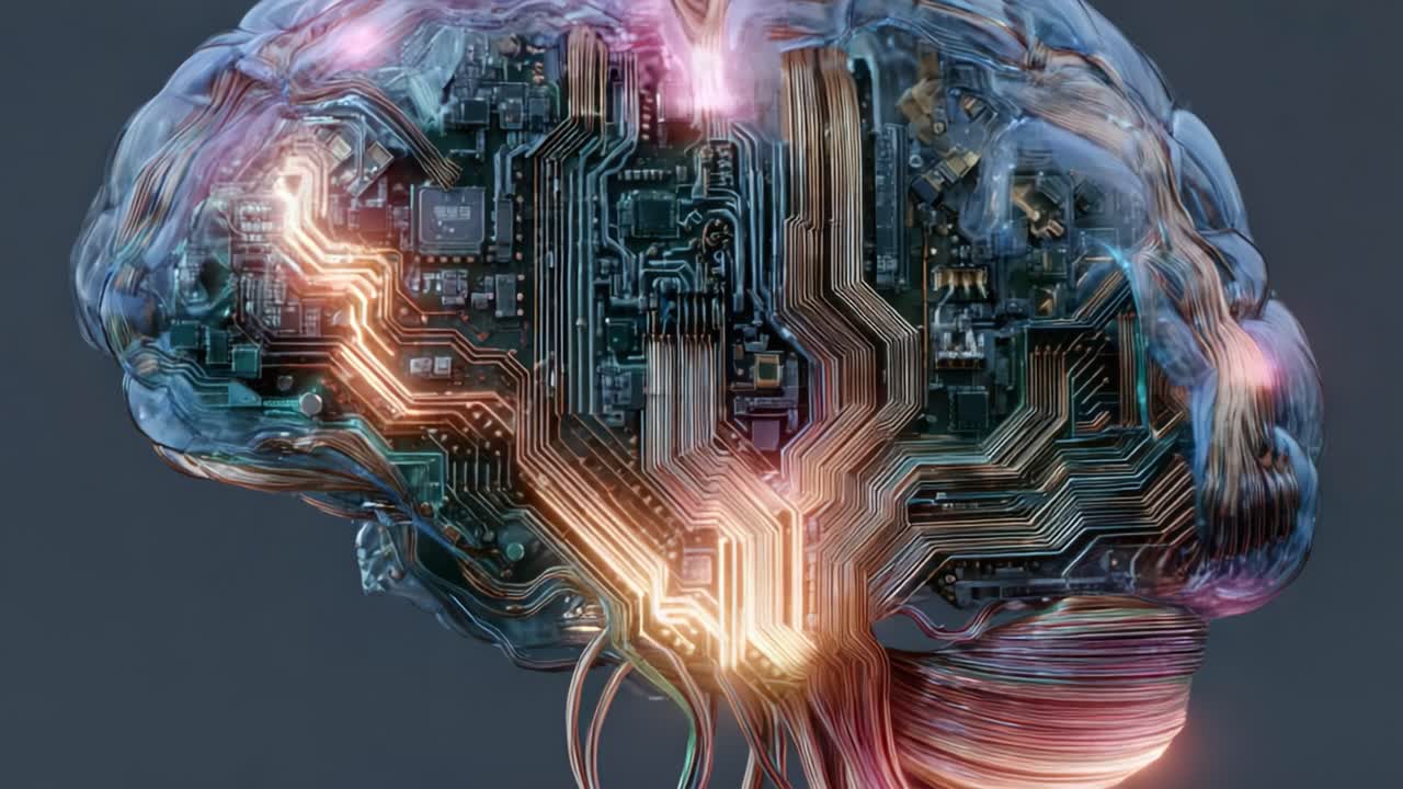 Exploration of the Intersection Between Neuroscience and Technology: A Visually Striking Imagery of a Brain Merged with Circuitry, Illustrating Innovative Concepts in Mind-Machine Interfaces