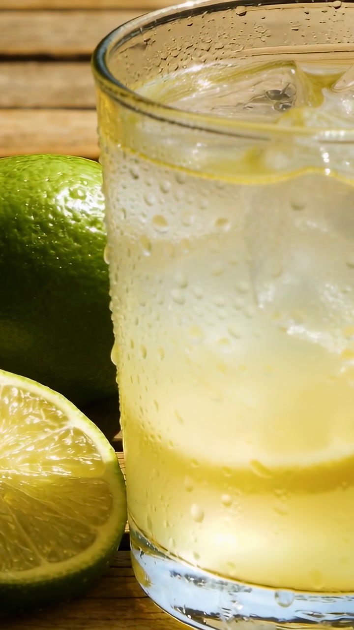 Vertical video: Camera shifting, showing lemonade in glass on wood slats with half lime to show ice