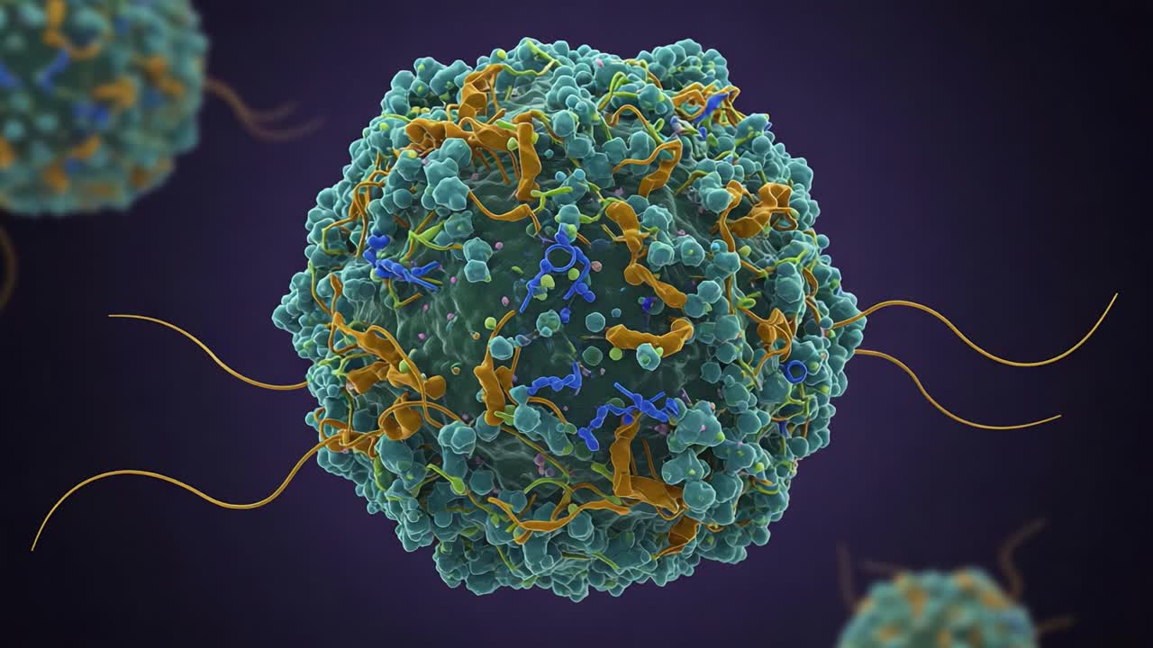 Detailed Representation of a Cell with Complex Structures and Interactions, Showcasing Intricate Elements of Biological Processes and Microscopic Features