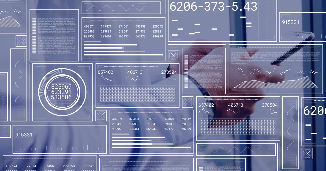 Mid-adult man tapping smartphone in business, animated HUD updating analytics then panels fading