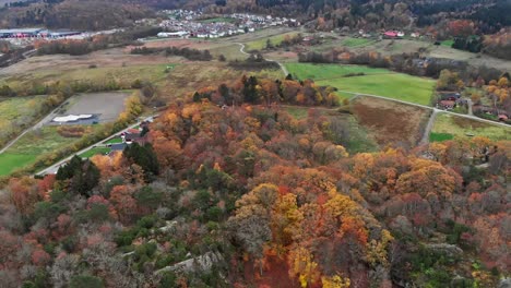 Tomas-Aéreas-Bajas-Que-Recorren-Viviendas,-Bosques-Y-Campos-Cerca-De-Kallered,-Molndal,-Gotemberg,-Suecia