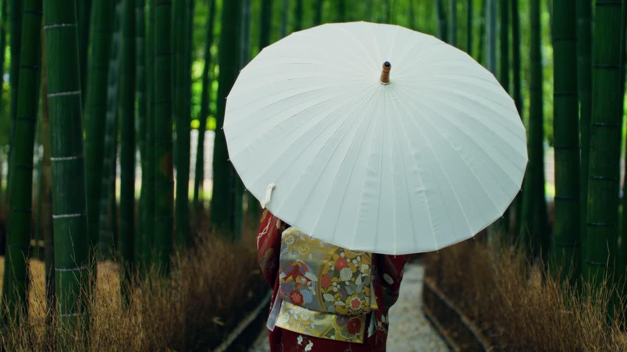 Woman in Kimono in a Bamboo Forest