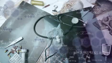 Animation-of-mathematical-equations-floating-over-falling-mask-on-medical-equipment