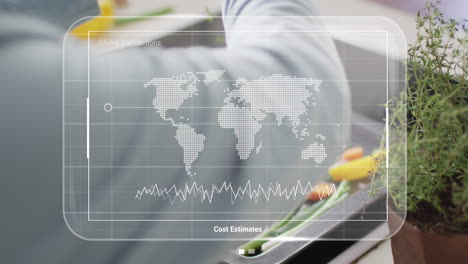 Animation-of-data-processing-over-rear-view-of-women-adding-thyme-herb-in-food-while-cooking-at-home