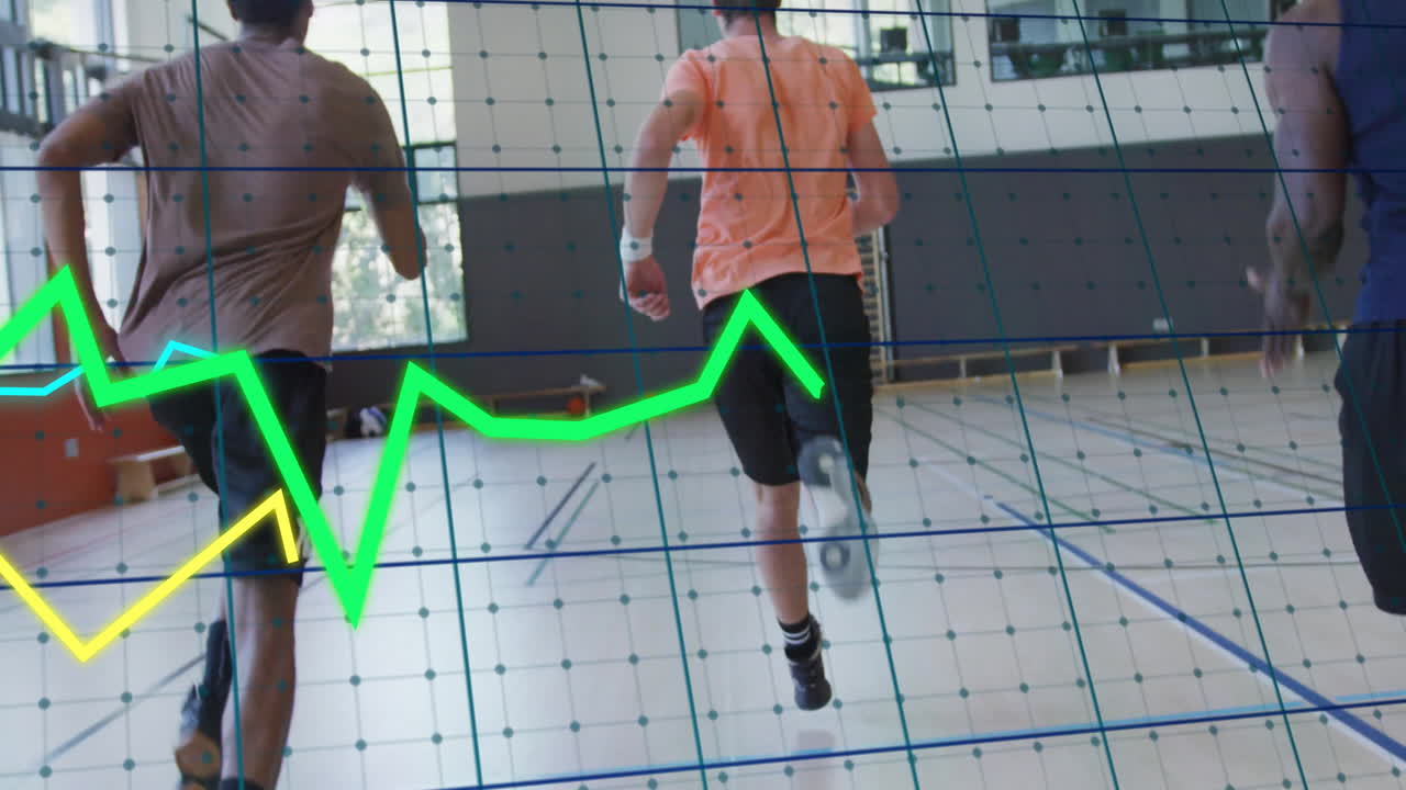 Three men sprinting in gym during hurdle drill, showing dotted grid with neon green yellow graphs