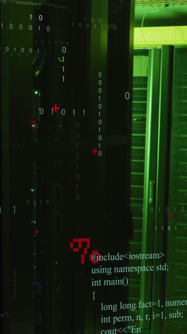 Animazione di elaborazione dati con codice binario e simboli su sala server