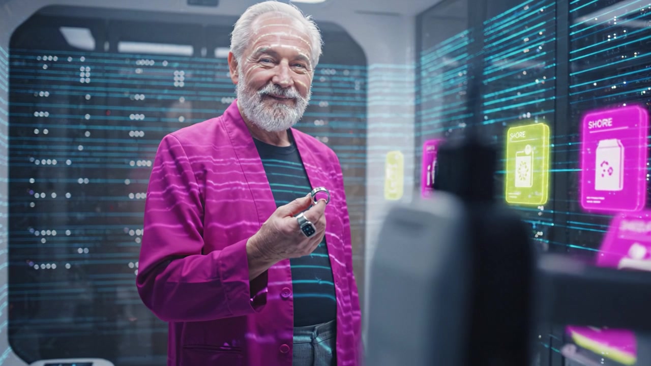 An elderly man in a striking pink coat examines a gadget while interacting with futuristic displays in a technologically advanced environment filled with lights.