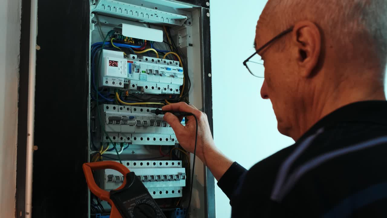 los electricistas ponen las manos a probar la corriente eléctrica en el panel de control. el ingeniero electricista trabaja midiendo el voltaje y la corriente de la línea eléctrica en el control del gabinete eléctrico.