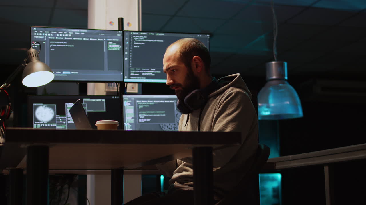 Man coding on laptop at desk with multiple monitors