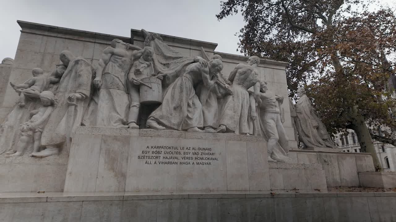 Pan across large stone sculpture, Kossuth Memorial, in Budapest HUN