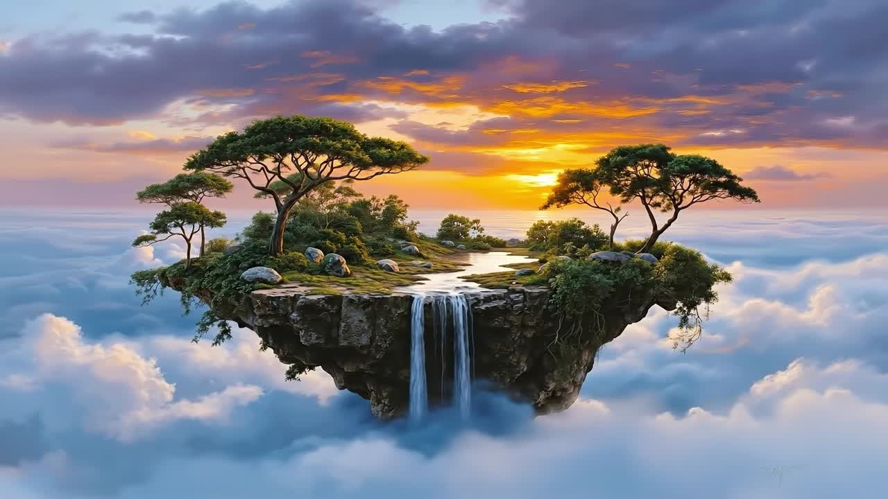 A painting of a small island in the middle of the clouds with a waterfall