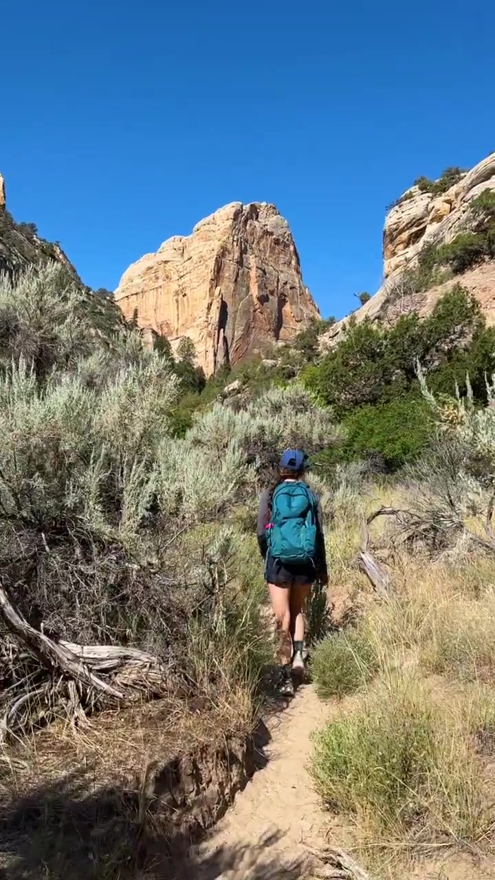 Vista verticale di donna con zaino che fa escursioni su sentiero nel paesaggio dello Utah, USA, Jones Hole Trailhead