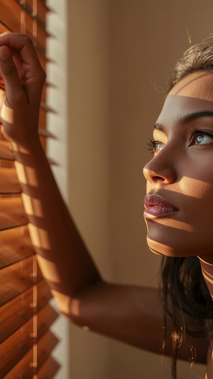 Vertical video: Sunlight causing woman adjusting blinds at home, peering, closing eyes, sleeveless