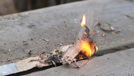 Verwenden-Sie-Einen-Magnesium-Feuerstarter,-Um-Birkenrindenstücke-In-Brand-Zu-Setzen