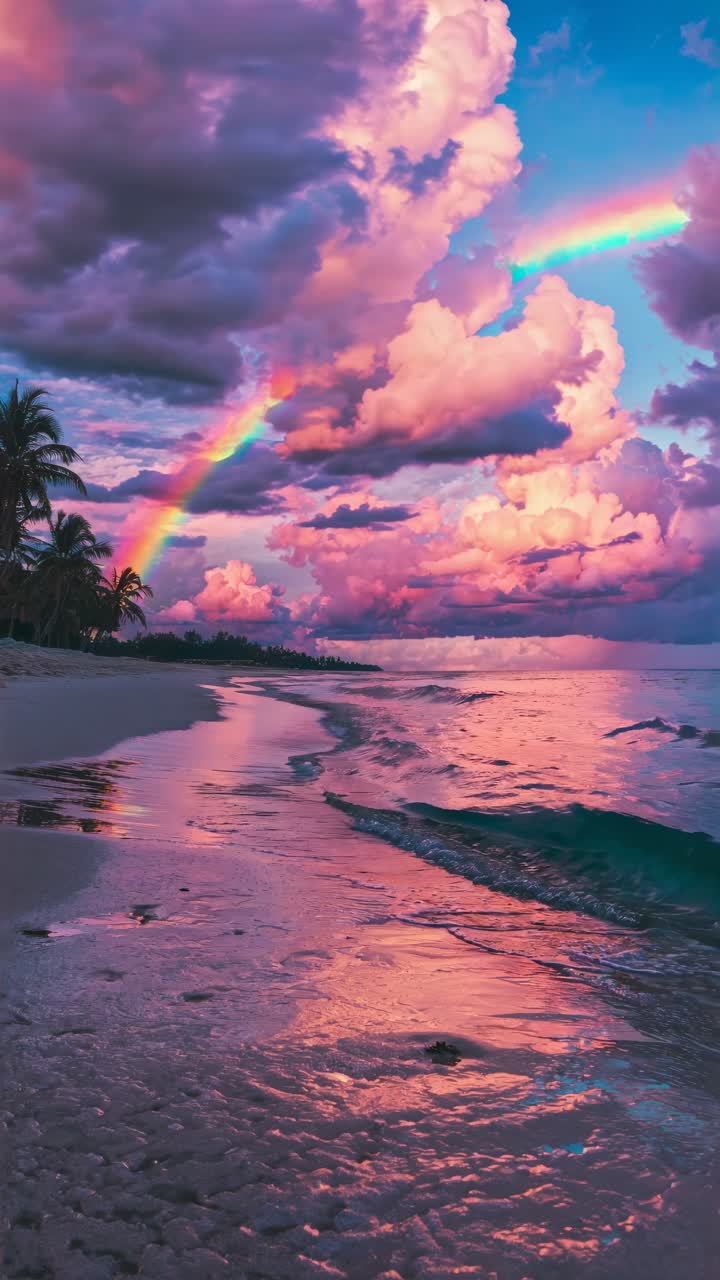 A vibrant sunset beach scene with a rainbow and dramatic clouds
