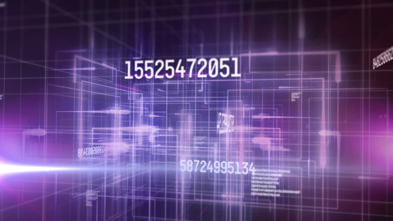 Animation of numbers changing data processing against glowing grid