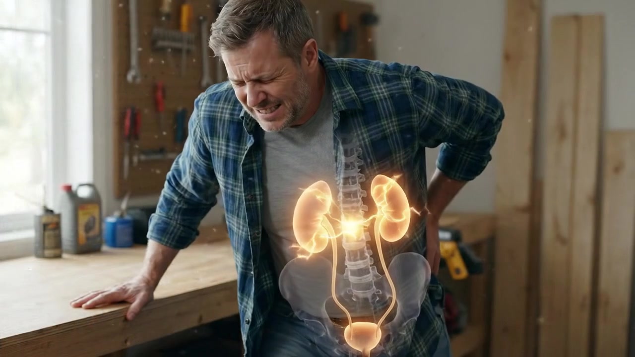 Man Experiencing Kidney Pain with Anatomical Overlay in Workshop