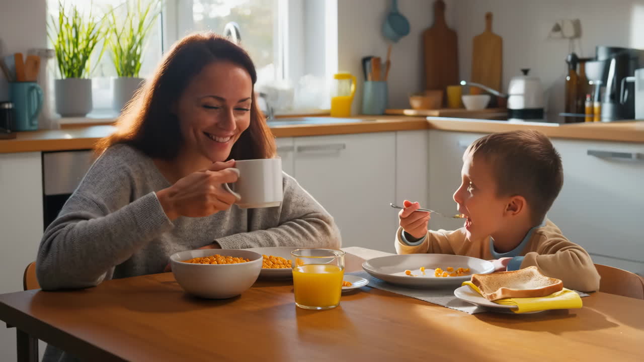 Mother and Son Having Breakfast Together in Kitchen