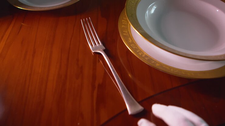 Primo piano di una mano guantata che posiziona una posata accanto a una ciotola per zuppa con bordo dorato su un tavolo da pranzo formale. Adatto per alta cucina, ospitalità di lusso e temi di servizio in ristoranti premium.