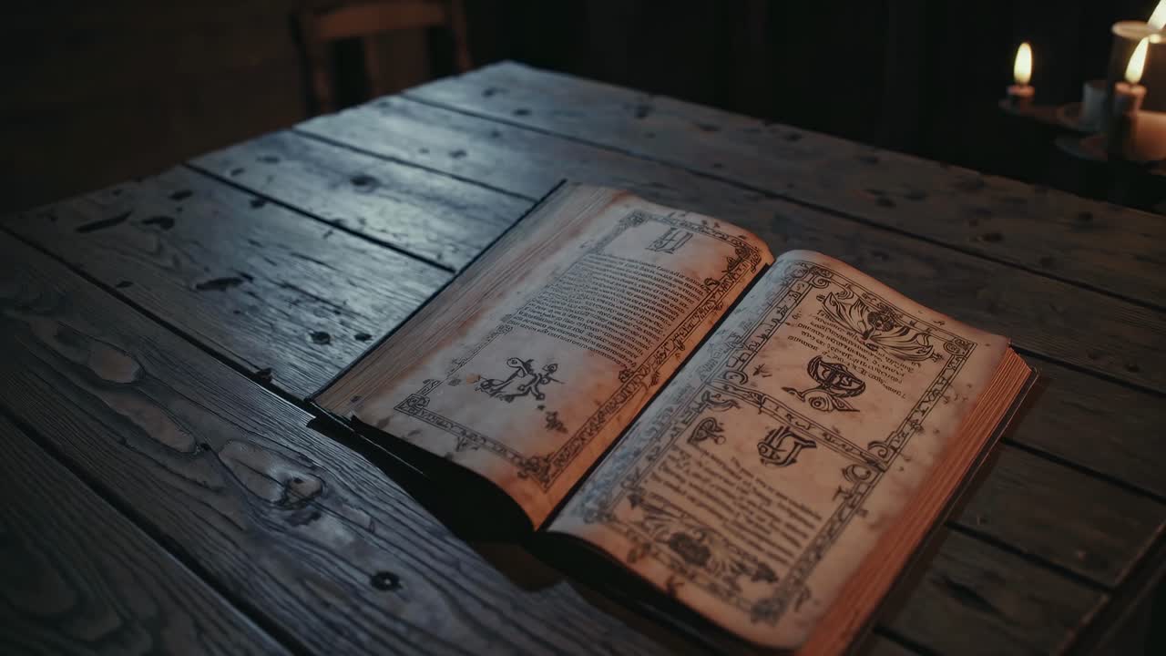 Un libro vintage su un tavolo di legno rustico, illuminato dalla luce di una candela. Acquisito da una angolazione bassa, perfetto