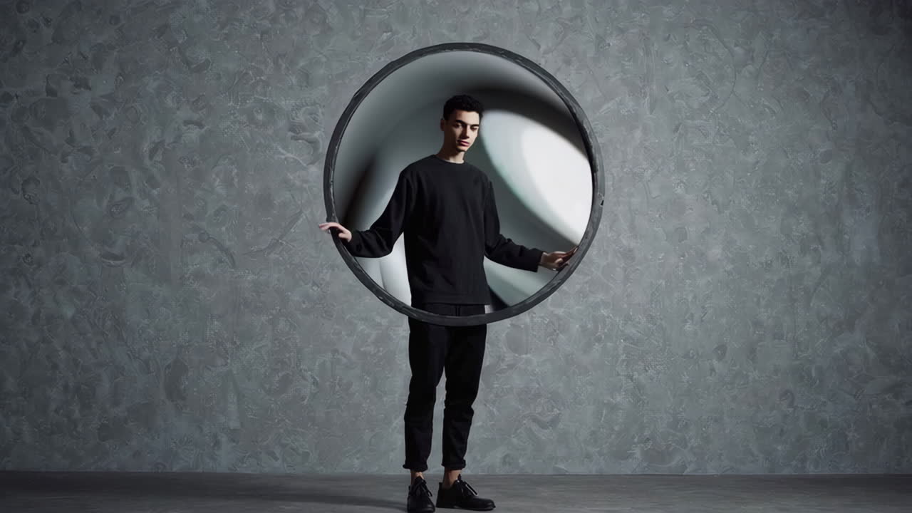 Young Man Posing with a Black Circular Frame in a Modern Studio